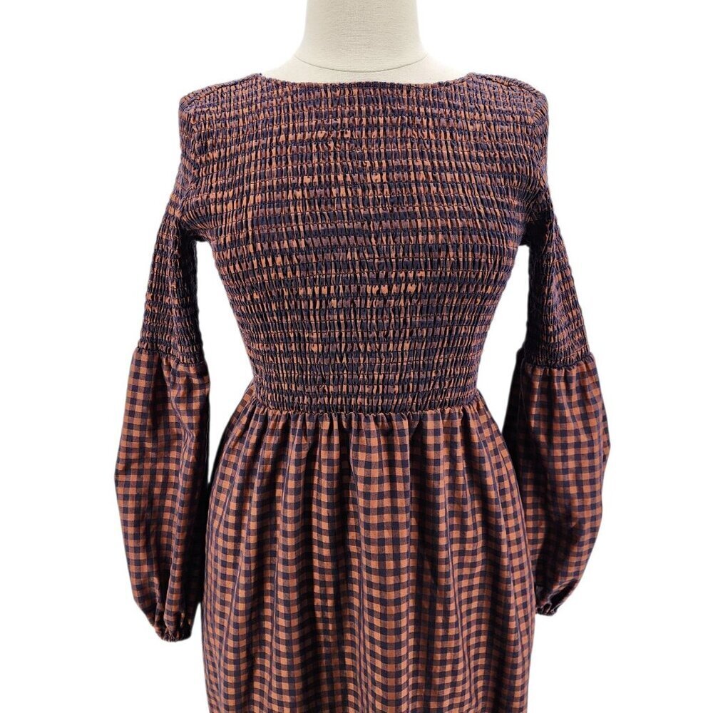 Pamela Love Womens Dress XL Midi Checker Brown Navy Blue Balloon Sleeve Boho - Picture 2 of 10